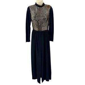 VINTAGE 60'S GOLD SEQUIN BLACK LONG SLEEVE MAXI DRESS RETRO GLAM